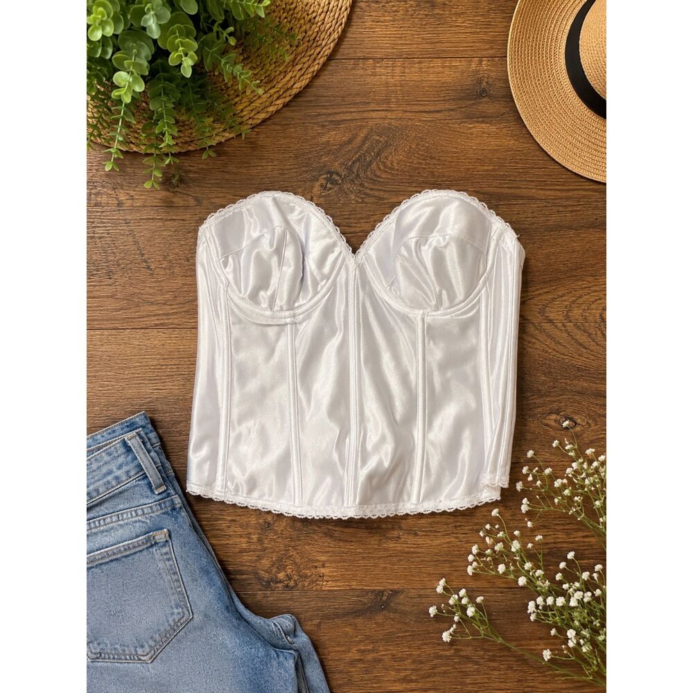 Vintage White Satin Longline Bustier Corset Bra 38B Bridal Lingerie Boned